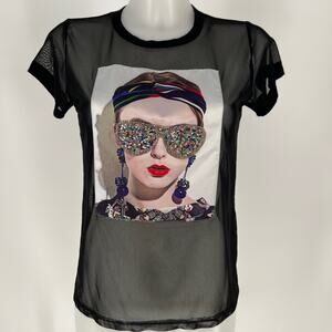 Occasion Sheer Top Bejeweled Graphic Woman Small Sheer Black Mesh Portrait Glam